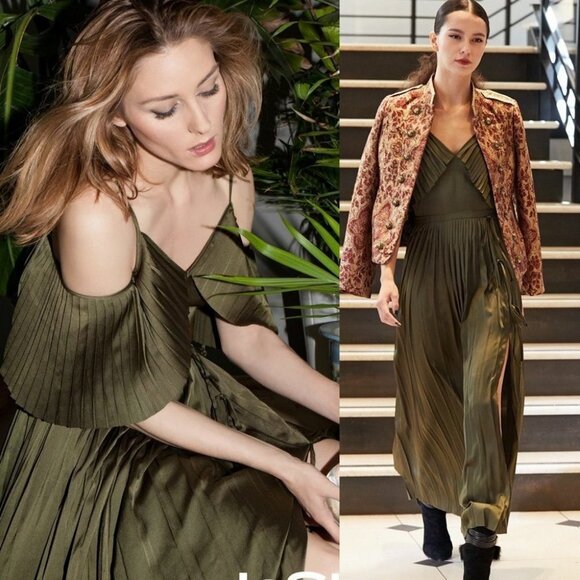 NWT Olivia Palermo Pleated Off Shoulder Satin Maxi Dress Green Size 00 Petite - Picture 1 of 12